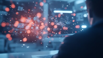 A person observes a digital interface displaying dynamic data visualizations with glowing particles, suggesting a focus on technology and analytics.
