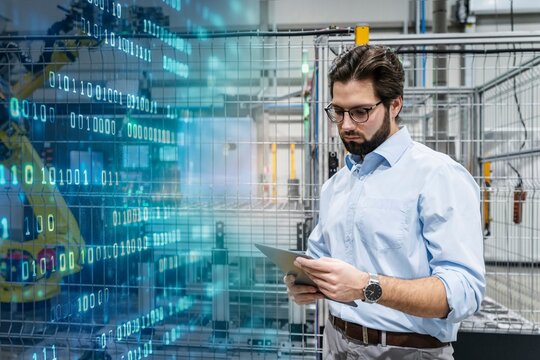 Engineer wearing eyeglasses using tablet PC at factory