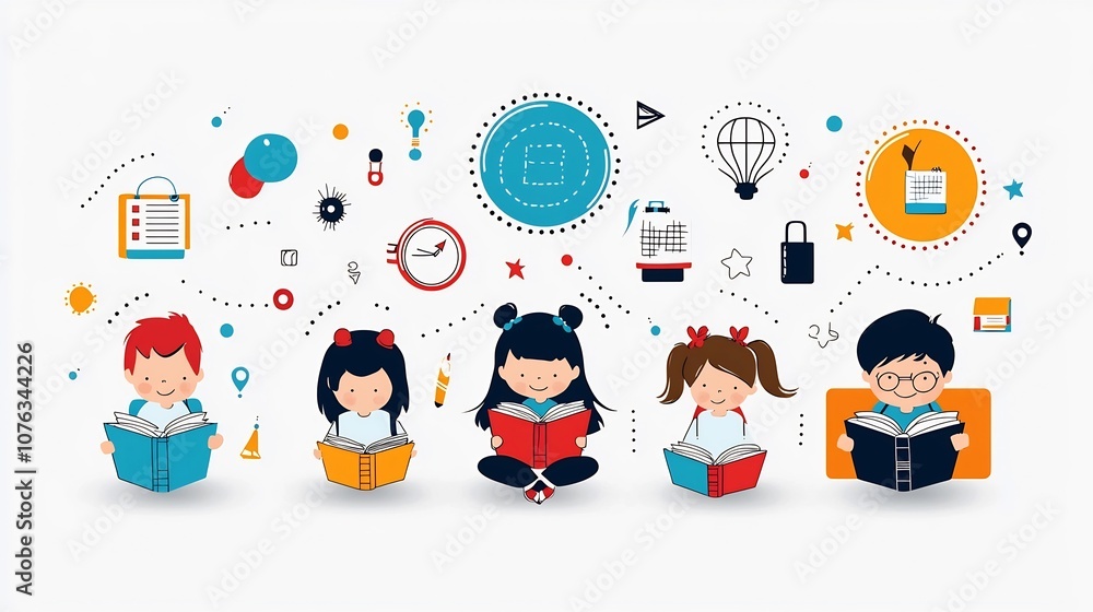 Poster set of vibrant icons depicting students engaged in various academic activities such as reading study