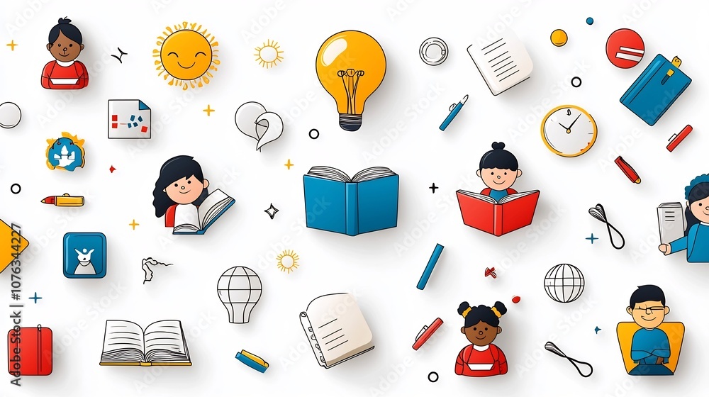 Poster set of vibrant icons representing different aspects of student life and the educational process incl