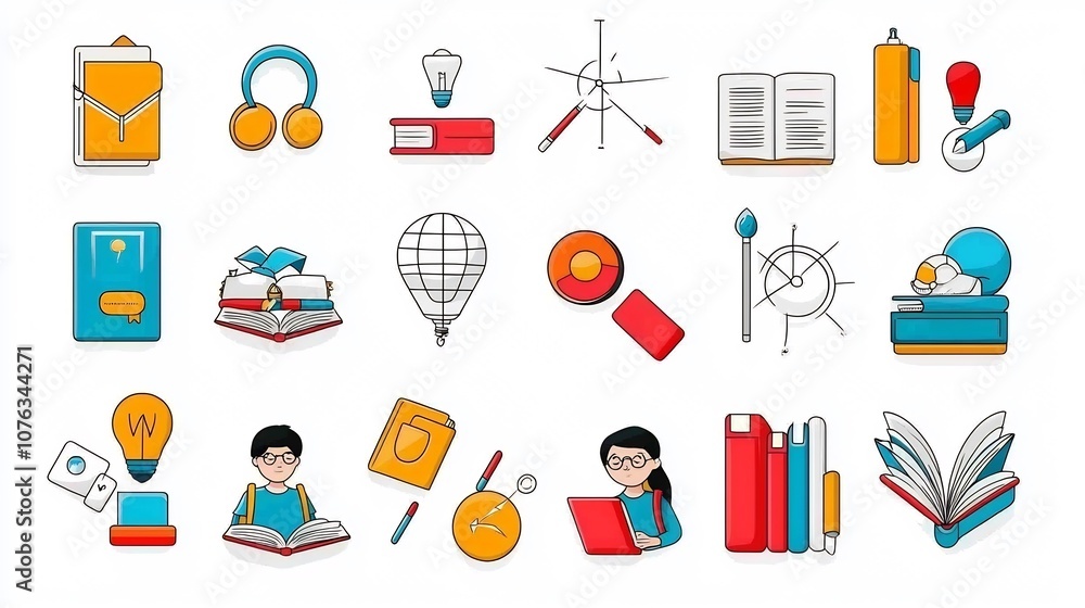 Poster Vibrant icons showcasing various educational elements such as students reading studying and attending classes in a stylized graphical manner