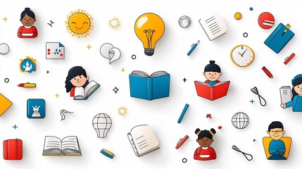 Set of Vibrant Icons Representing Different Aspects of Student Life and the Educational Process Including Reading Studying and Attending Classes