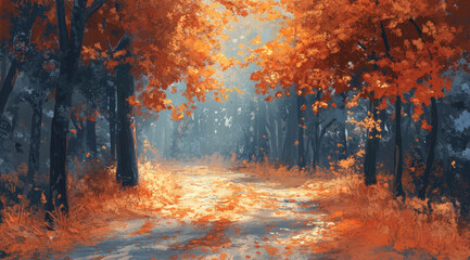 Fototapeta premium Dreamlike Path Through an Autumn Forest with Sunlight Glowing