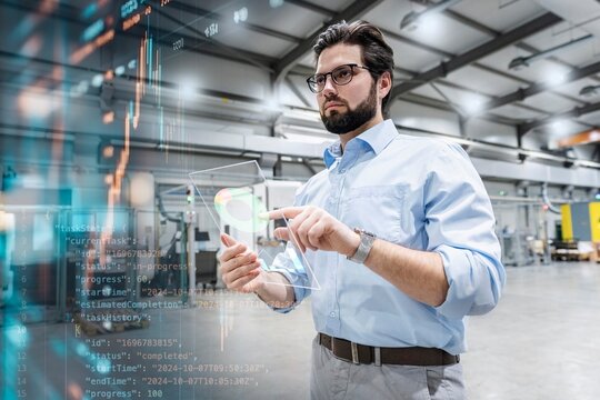 Focused engineer using transparent tablet PC for graphs in factory