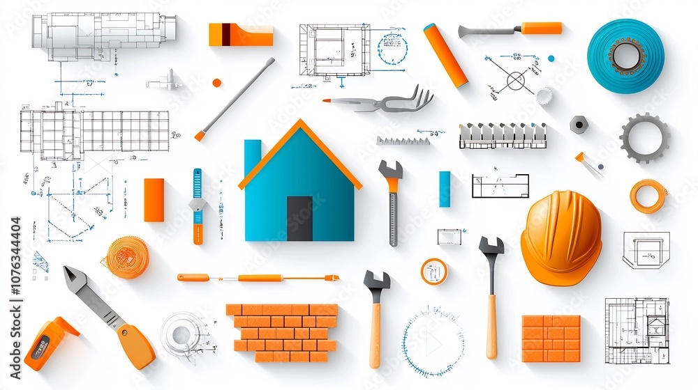Poster Vibrant Showcasing a Collection of Home Construction Elements such as Tools Bricks and Blueprint Symbols in Bright Colorful Design