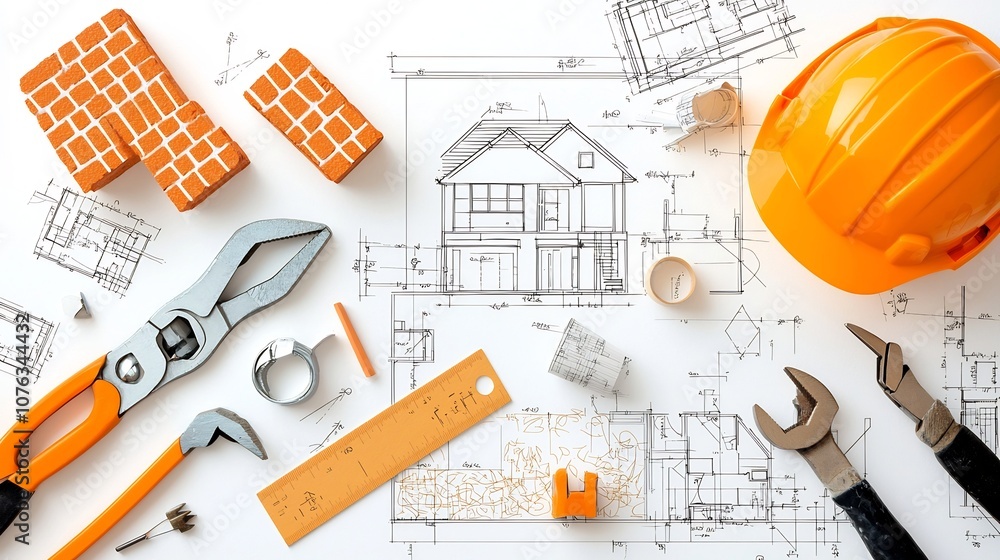 Poster Bright and Vibrant Showcasing Various Home Construction Elements Such as Tools Bricks and Blueprint Symbols in a Stylized and Geometric Design