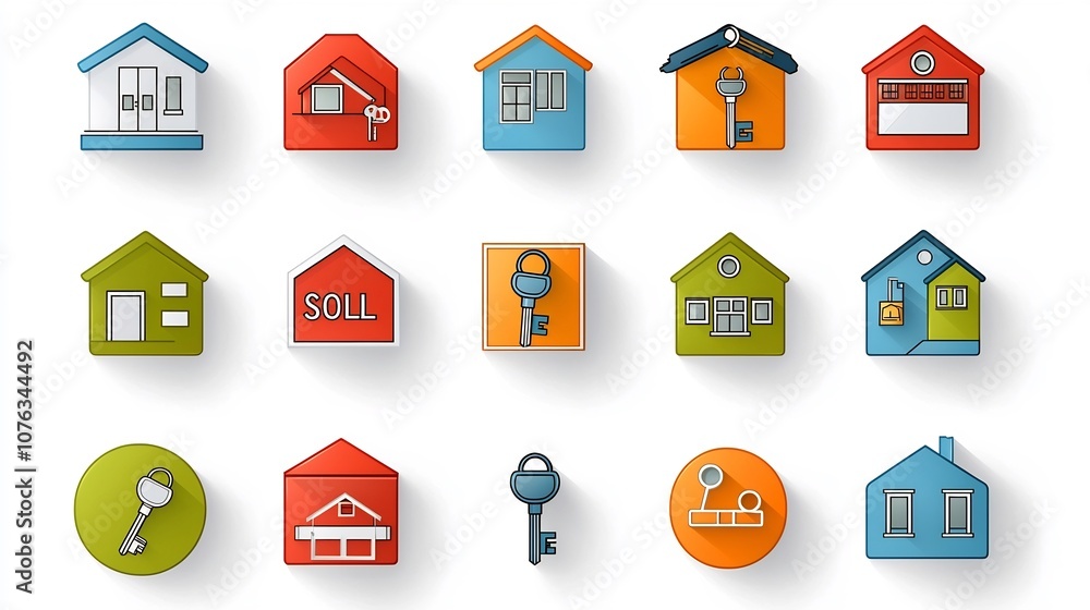 Poster collection of vibrant style icons representing key elements of real estate transactions including ke