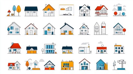 Diverse collection of house icon symbols representing different residential building styles and types including cottages apartments and villas in a colorful abstract and minimalist design