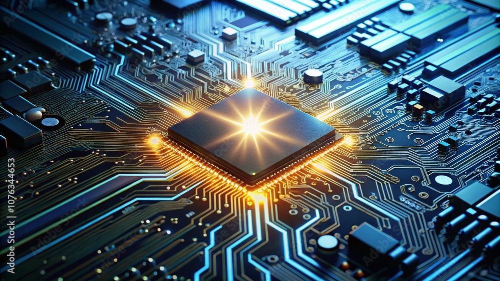 Poster a close-up view of an intricate circuit board with a glowing microchip, symbolizing advanced technol