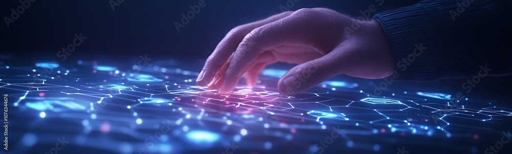Poster A hand hovers over a glowing digital interface, illustrating interaction with technology and data visualization in a futuristic setting.