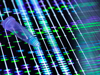 DNA sample kept over genetic data on computer screen