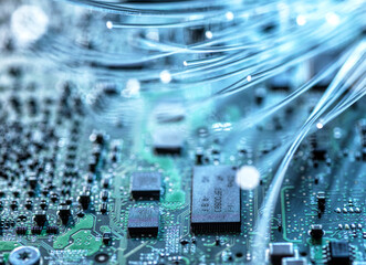Fiber optic wires transferring data into computer hardware