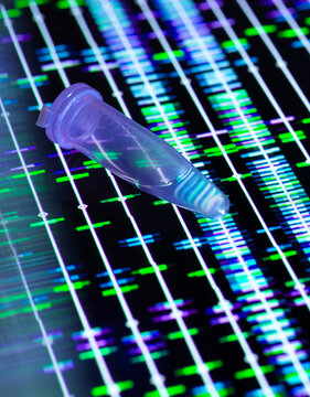 DNA sample test tube kept over genetic data on computer screen