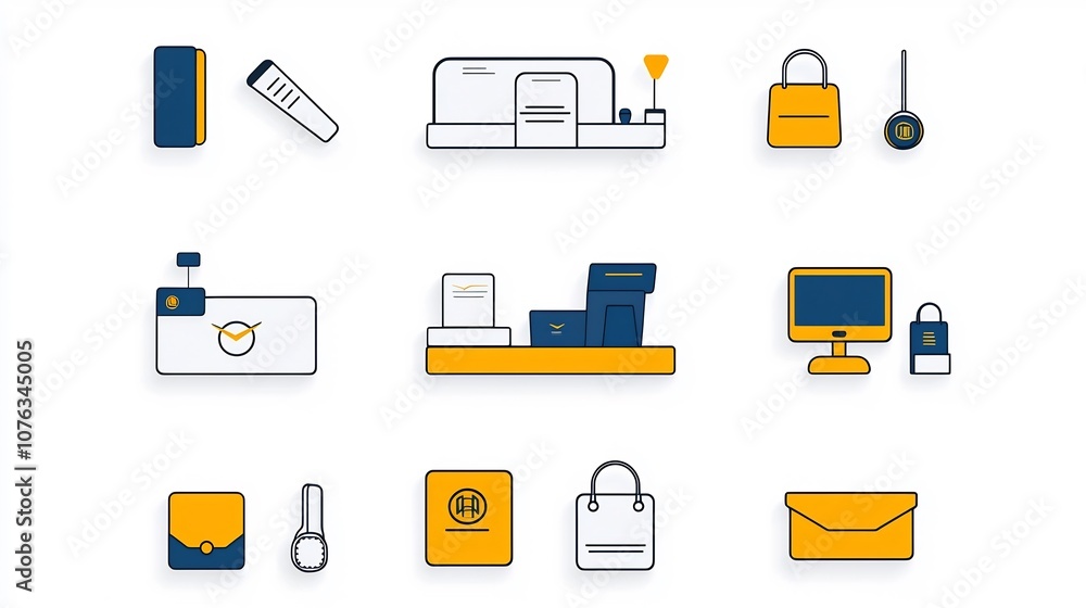 Aufkleber Set of minimalist line icons representing various hotel customer service facilities including desk staff assistance and reservation counter  Designed in a simple flat style for use in user interfaces