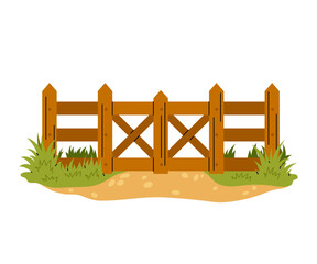 Wooden fence with gate. Entrance to ranch or farm with grass. Garden barrier and door with wooden parallel boards. Flat vector illustration. © miss LEMON