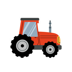 Tractor. Agricultural or farm machinery. Red tractor icon. Farm vehicle. Agricultural equipment. Farm lifestyle design. Flat vector illustration on white background.