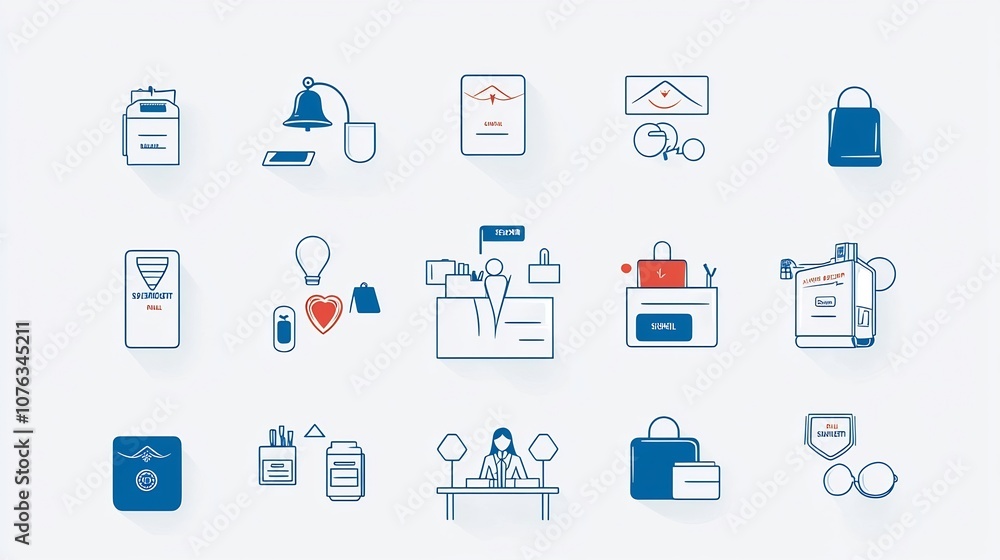 Poster comprehensive icon set featuring key elements of a reception desk in a professional business or hosp