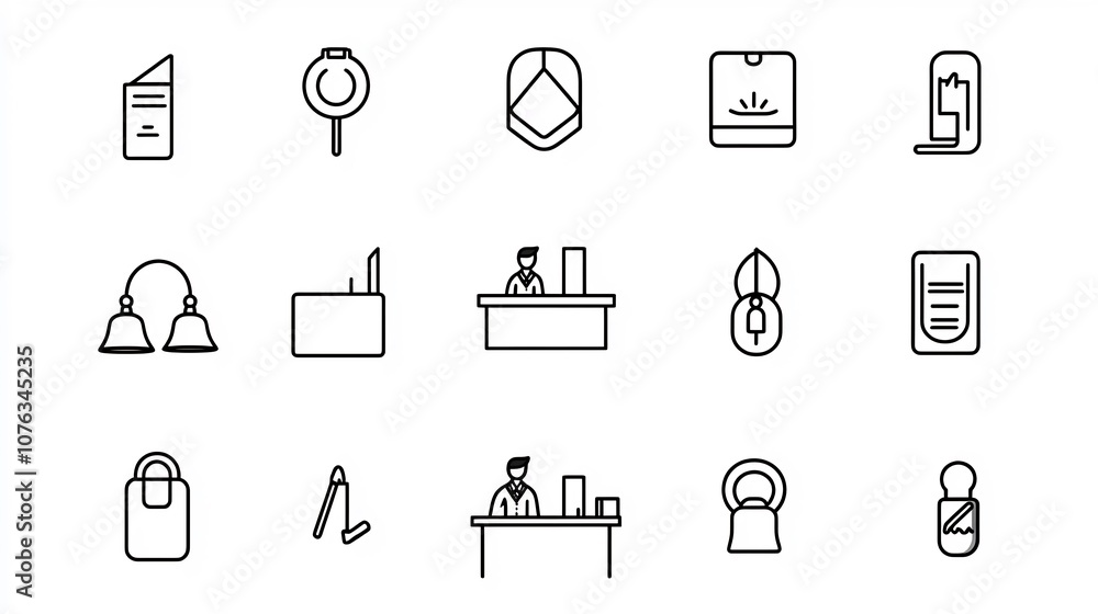 Aufkleber set of minimalist line art icons representing essential elements of a hotel reception desk including