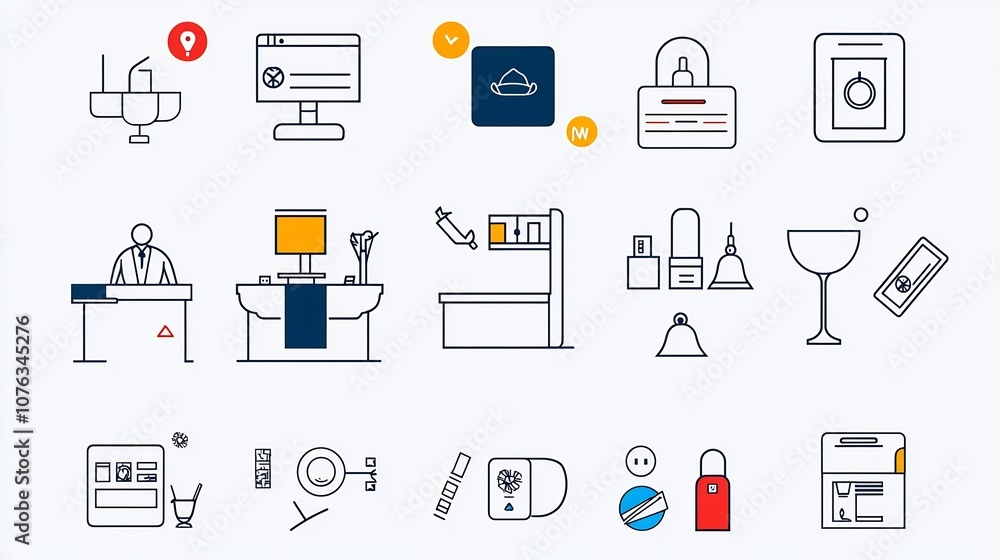 Poster This is a collection of line icons for reception services featuring a cashier hotel bell and information desk  The has a clean and minimalist design making it suitable for use in various hospitality