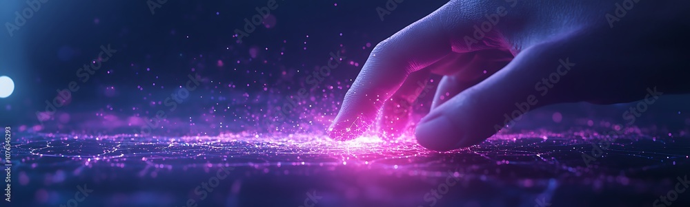 Aufkleber a glowing hand reaches toward sparkling particles, creating a magical, digital aura in a mystical an