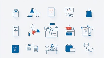 Comprehensive Icon Set Featuring Key Elements of a Reception Desk in a Professional Business or Hospitality Setting Including Receptionist Hotel Bell and Client Assistance Symbols