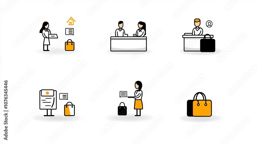 Poster illustrated icons symbolizing various guest and client services and interactions at a reception or f