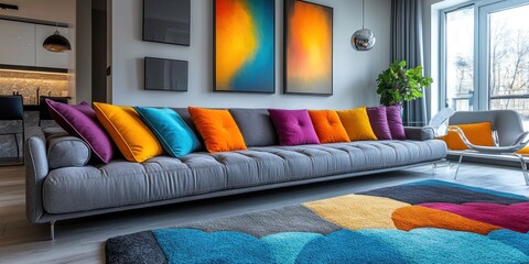 A modern living room with a long grey sofa, colorful pillows, and a bright rug.