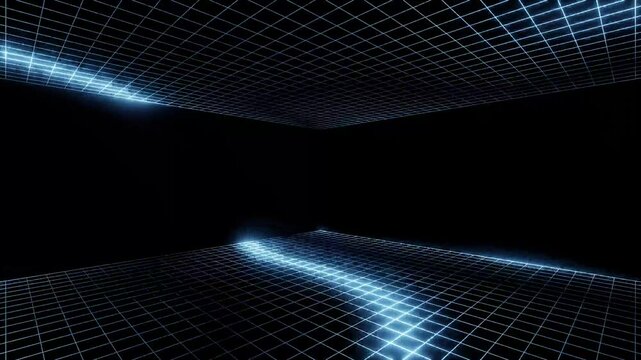 Abstract blue neon light grid forming a futuristic tunnel. The intersecting lines create a sense of motion and depth, evoking a cyberpunk or digital landscape.
