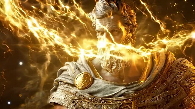 Statue of the Olympic God with a golden element, symbolizing strength, mythology, and ancient legends, reflecting power, grace, and divine influence in a singular and captivating sculpture.