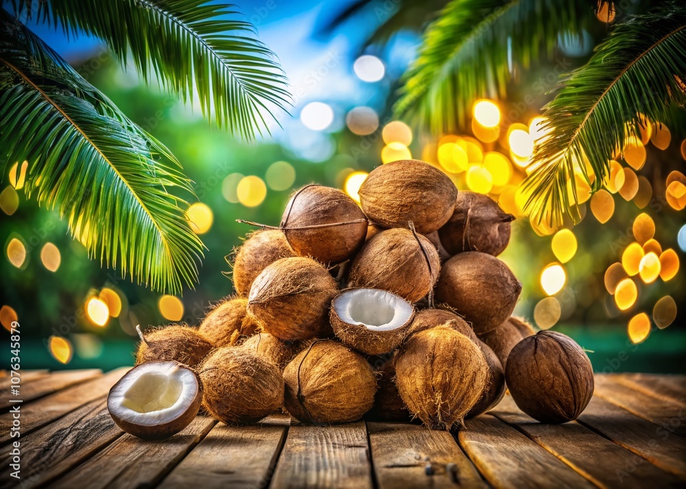 Poster a cozy scene of fresh coconuts on a rustic table surrounded by a soft bokeh effect, ideal for tropic