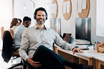 Mature man, happy and portrait at call center with pride, confidence and team with customer...