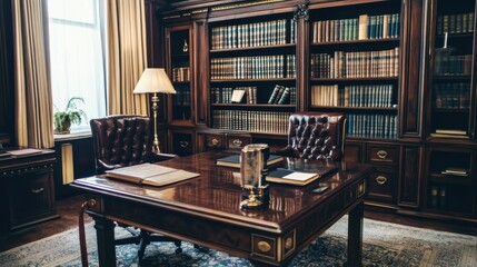 Interior of a classic library with bookshelves, table and chair.