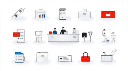Comprehensive Depicting a Diverse Collection of Line Icons Showcasing the Essential Services and Facilities Offered at a Hotel Reception Desk