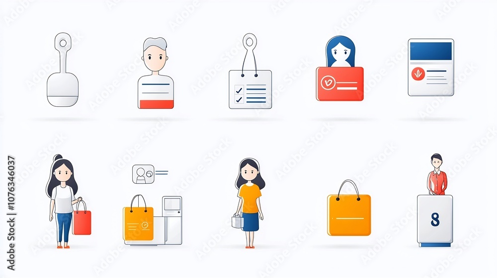 Poster Minimalist Depicting the Key Steps of a Process Including Signing Up Inputting Identity Data and a Receptionist Icon in a Clean Line Style