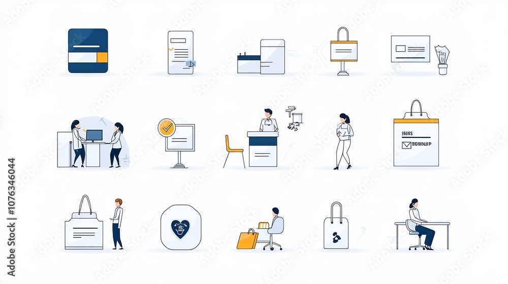 Leinwandbilder Collection of simple line icons showing various tasks and identity verification symbols including receptionist digital sign up and other related elements for business software and workflow processes
