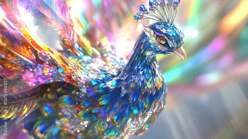 Poster a close-up of a peacock's head and feathers with a rainbow gradient background