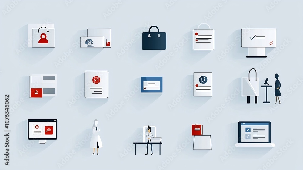 Poster Collection of task icons featuring symbols for identity verification receptionist and digital sign up processes in a simple line design