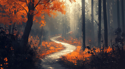 Ethereal Autumn Scene with a Winding Forest Path