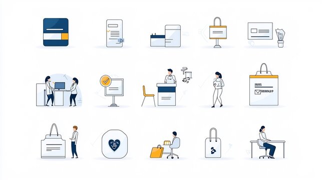 Collection of simple line icons showing various tasks and identity verification symbols including receptionist digital sign up and other related elements for business software and workflow processes