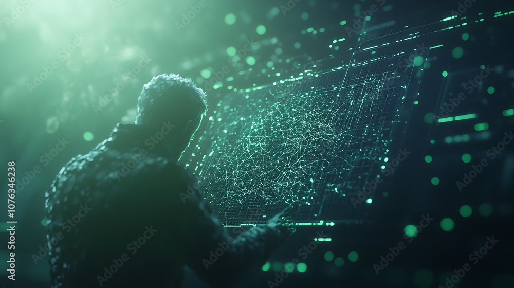 Aufkleber A figure interacting with a digital interface amidst a backdrop of floating particles and glowing lights, creating a futuristic, immersive atmosphere.