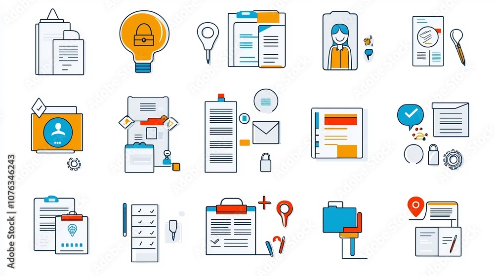 Aufkleber Thin line icon set featuring symbols for creating editing and managing digital information documents and administrative services in a professional office or business environment