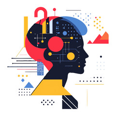 A colorful vector illustration of the human head with abstract shapes and symbols representing different aspects like dreams, ideas, or creativity on a white background.