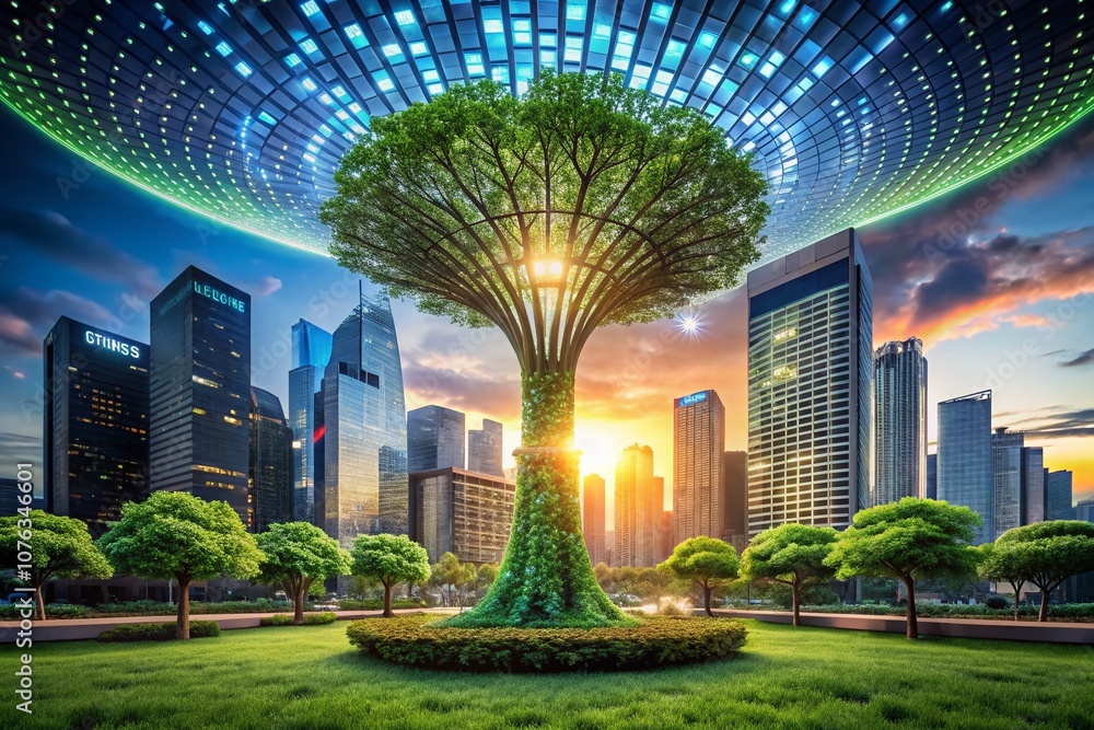 Poster a digital tree made of binary code merging nature and technology, emphasizing sustainable innovation