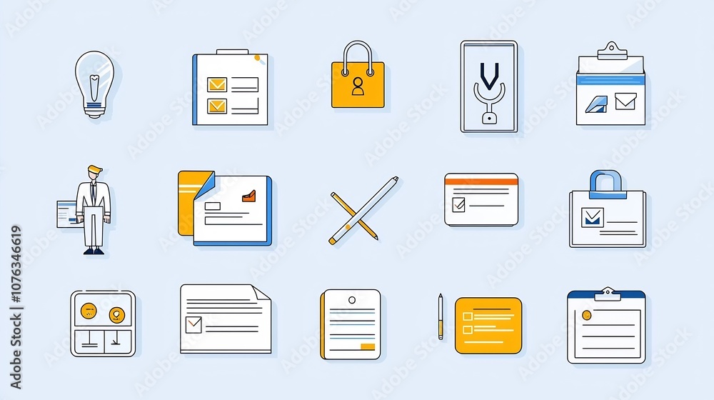 Poster Comprehensive icon set designed for form creation and processes including symbols for document data online sign up and receptionist related elements all presented in a clean thin line style