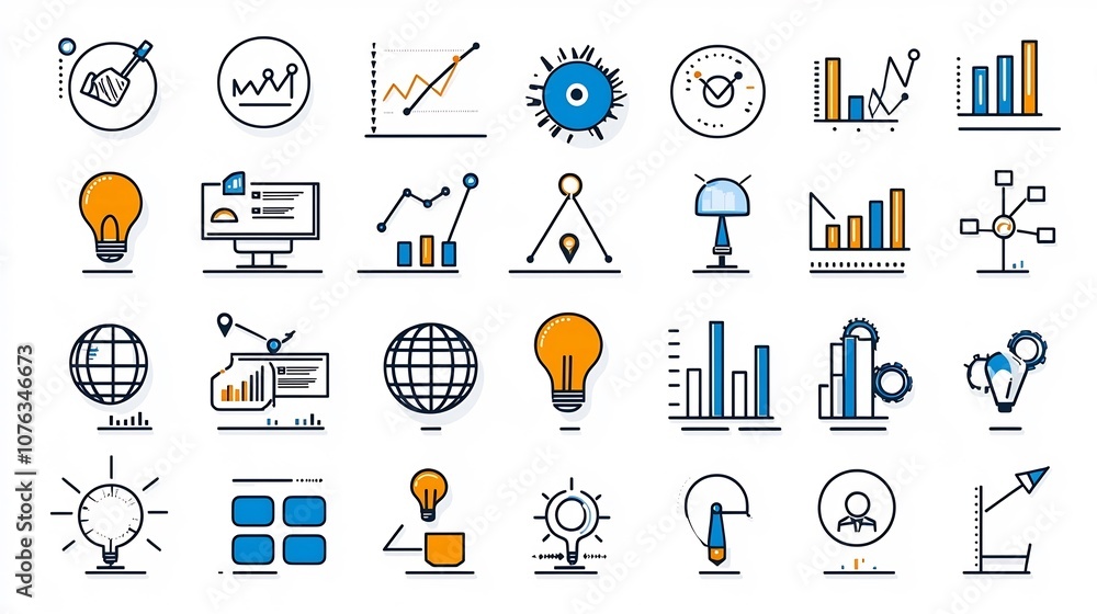 Poster Comprehensive collection of 60 linear business icons representing a wide range of concepts including teamwork growth target goals innovation strategy management finance and more
