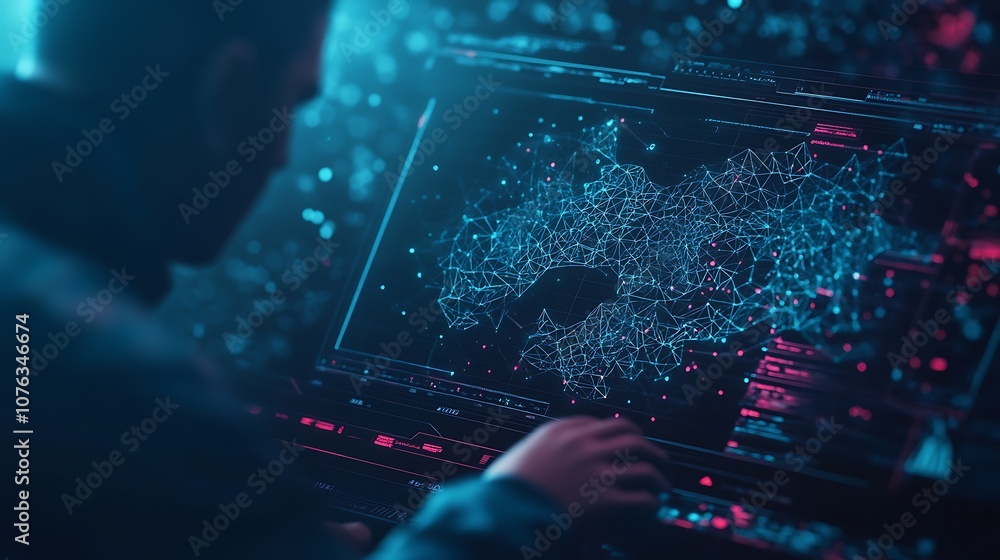 Aufkleber A mysterious figure interacts with a glowing screen filled with digital data and abstract patterns, suggesting themes of technology and information.