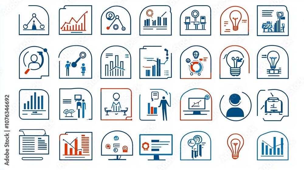 Poster collection of 60 linear business icons covering key concepts like teamwork growth target goals and i