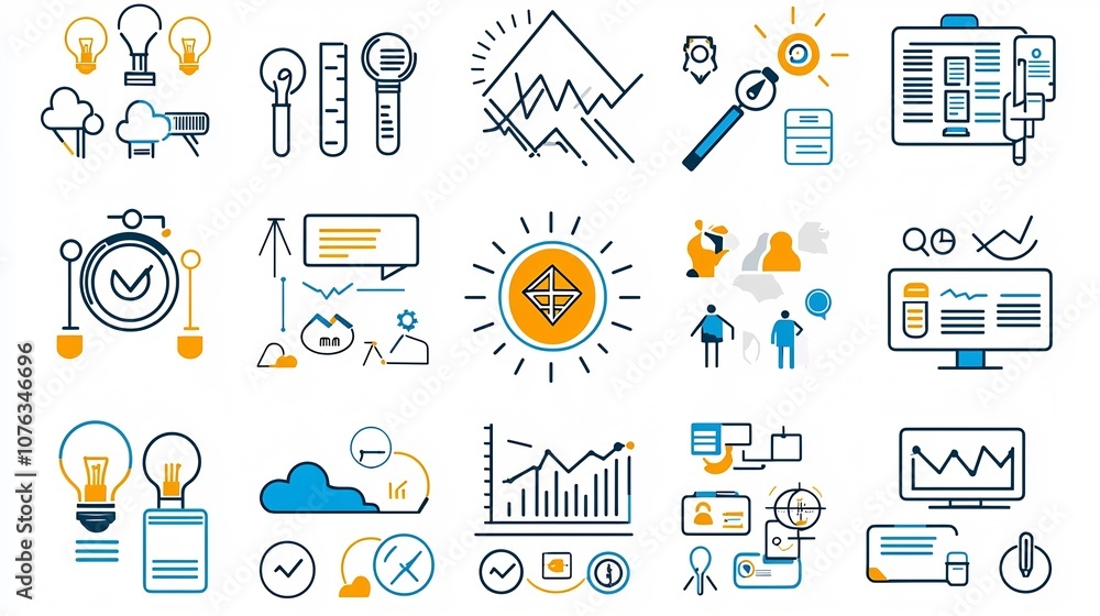 Poster Comprehensive Collection of 60 Clean Business Icons Representing Concepts Such as Teamwork Growth Target Goals and Innovation for Corporate Office and Technology Related Applications