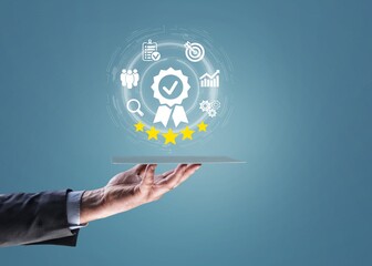 quality guarantee and satisfaction, service certification icon in business hand