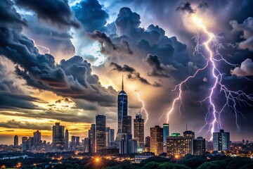 Fototapeta premium A Dramatic Cityscape Under a Stormy Sky with Striking Lightning Bolts Illuminating the Urban Landscape, Creating a Captivating Atmosphere of Nature's Power and Beauty
